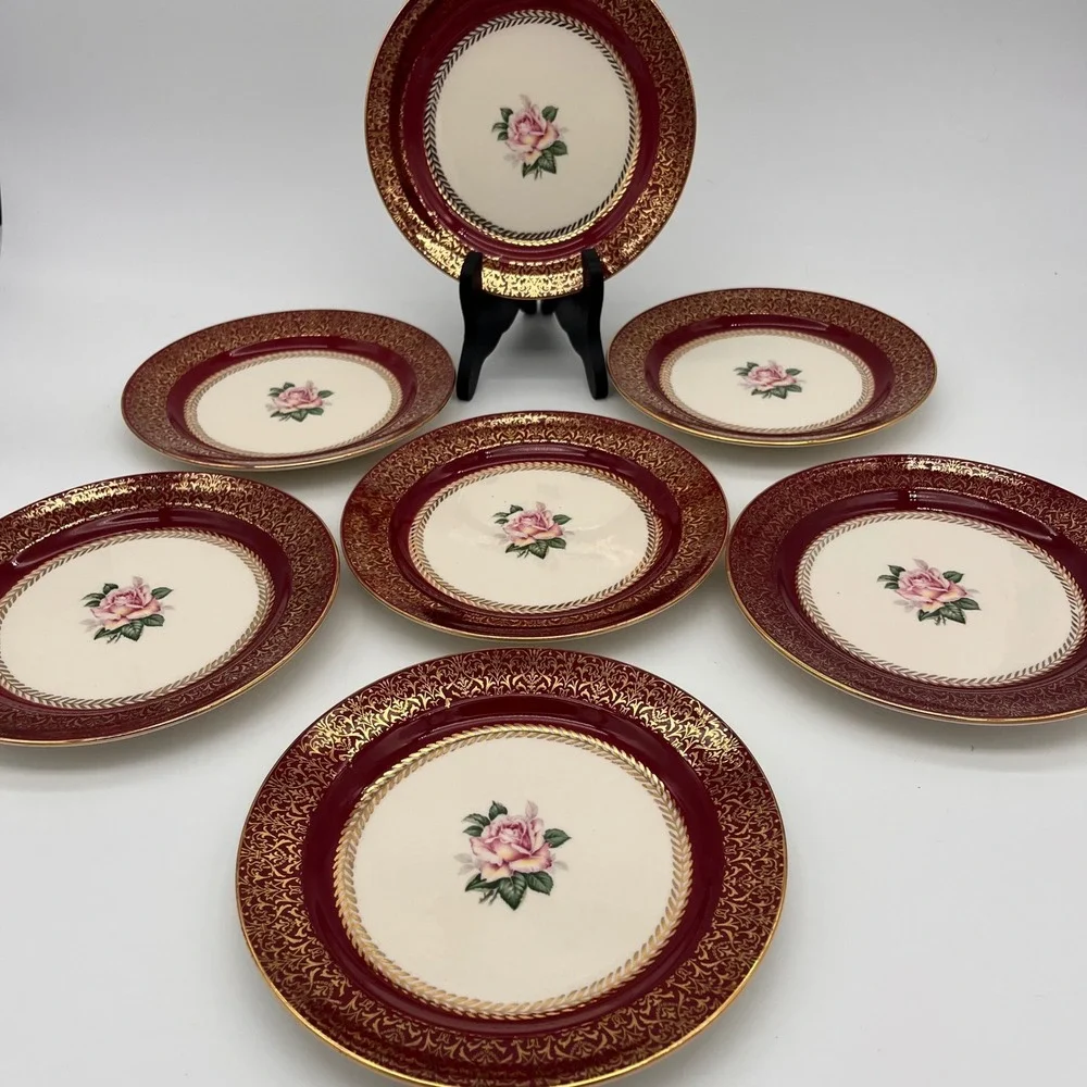 Homer Laughlin Lady Stratford Dessert Plates Set of 7 Maroon Gold Rose 7 1/8